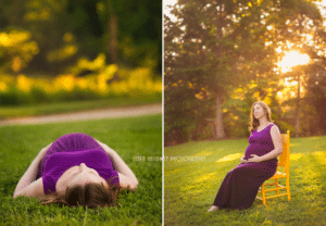Beautiful professional photos of an expecting woman in a purple dress.