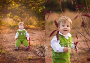 Two proffesional photos of a boy in a green overall in an Asheville park.