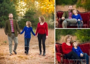 Three images of a family with fall background. In two photographs they are sitting on a red couch.