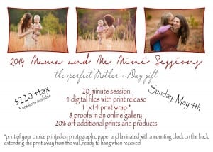 An image announcing Mama and Me mini sessions. Three moms and their children are featured in the photo.