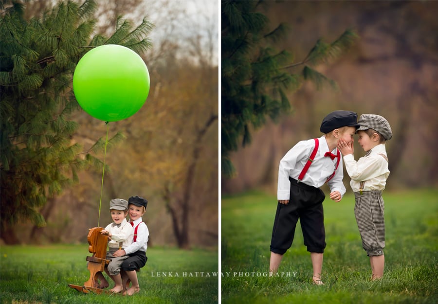 Double image of two boys. In one photo the boys are on a wooden horse holding a big green balloon.