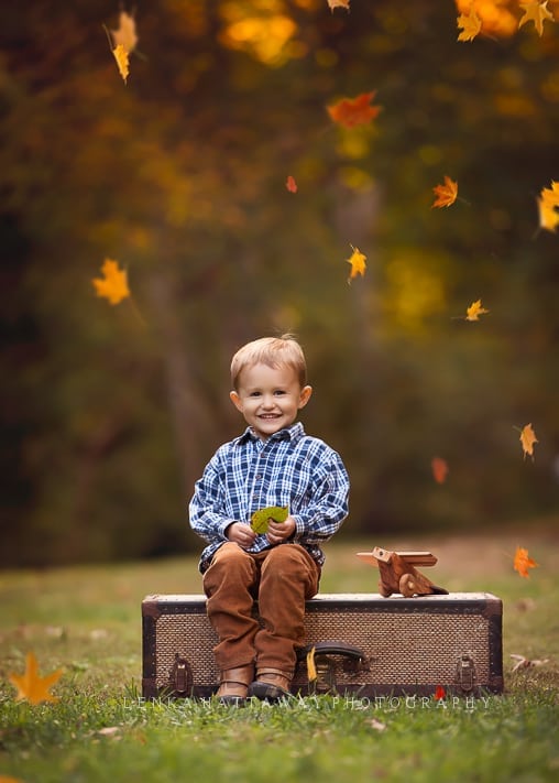 A photo of a cute little boy sitting on a trunk with leaves fallin around him. Photo taken at the Botanical Gardens of Asheville.