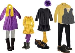 Purple, yellow and gray wardrobe for photos.