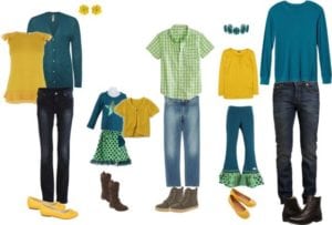 Teal, yellow, green clothing colors for family portraits.