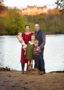 Family photo by the lake at the Biltmore Estate by Timeless Asheville Family Photographer Lenka Hattaway.