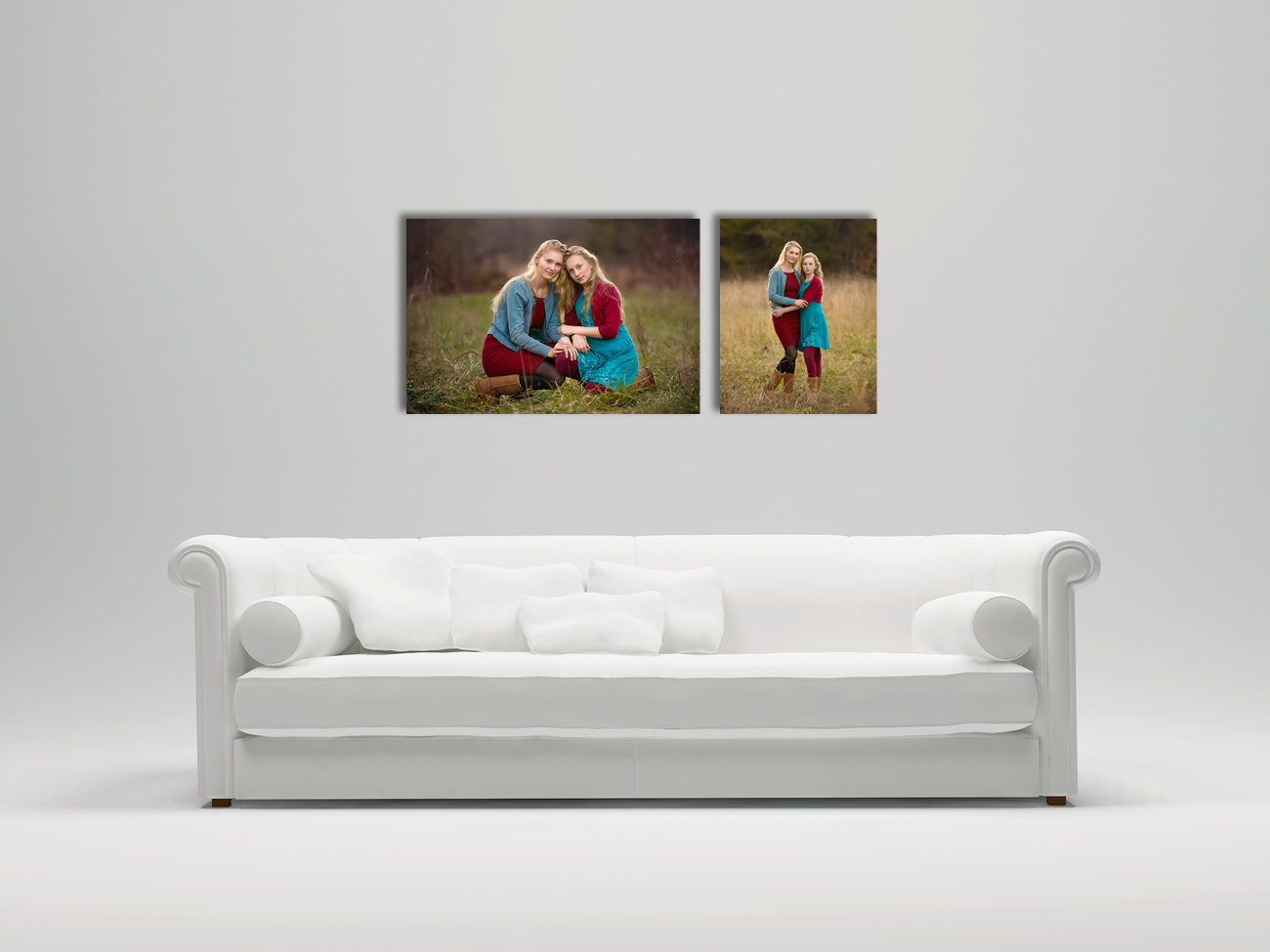 Wall photo display grouping in 20x30 and 16x20 size.