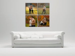 Wall photo display of four 20x20 images.
