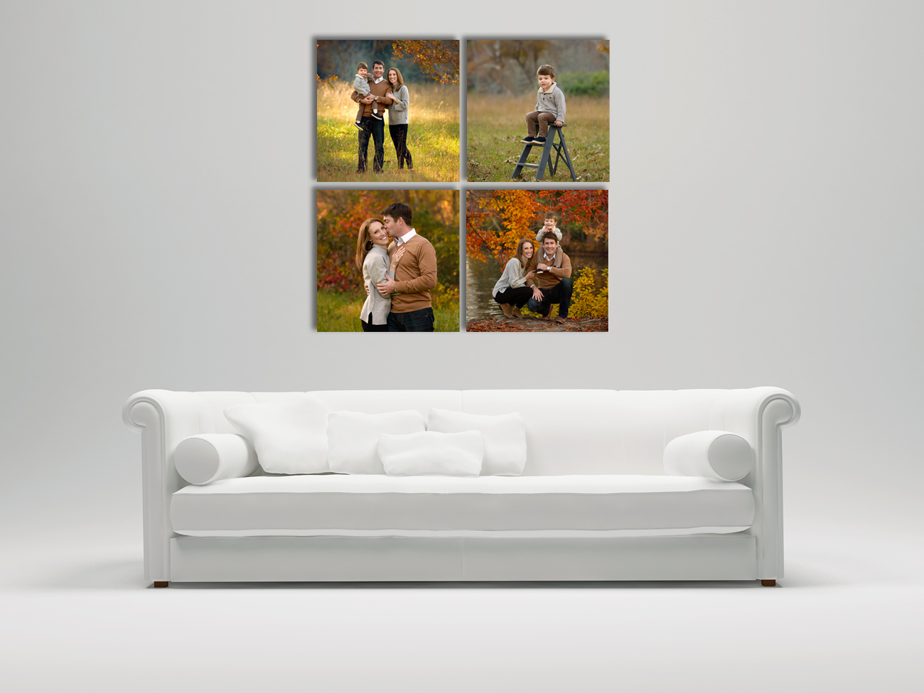 Wall photo display of four 20x20 images. 