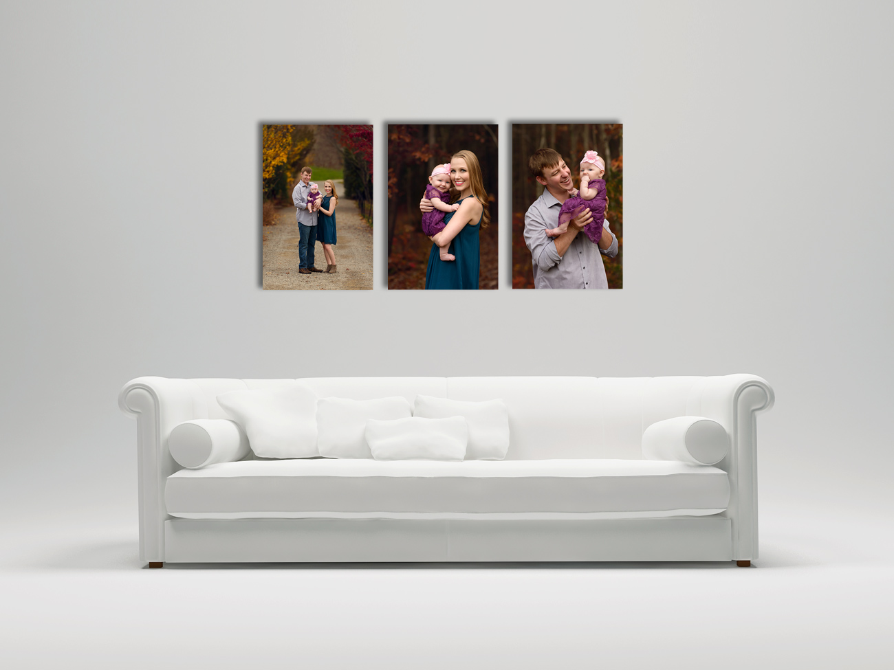 Wall photo triptych display in 16x24 size.