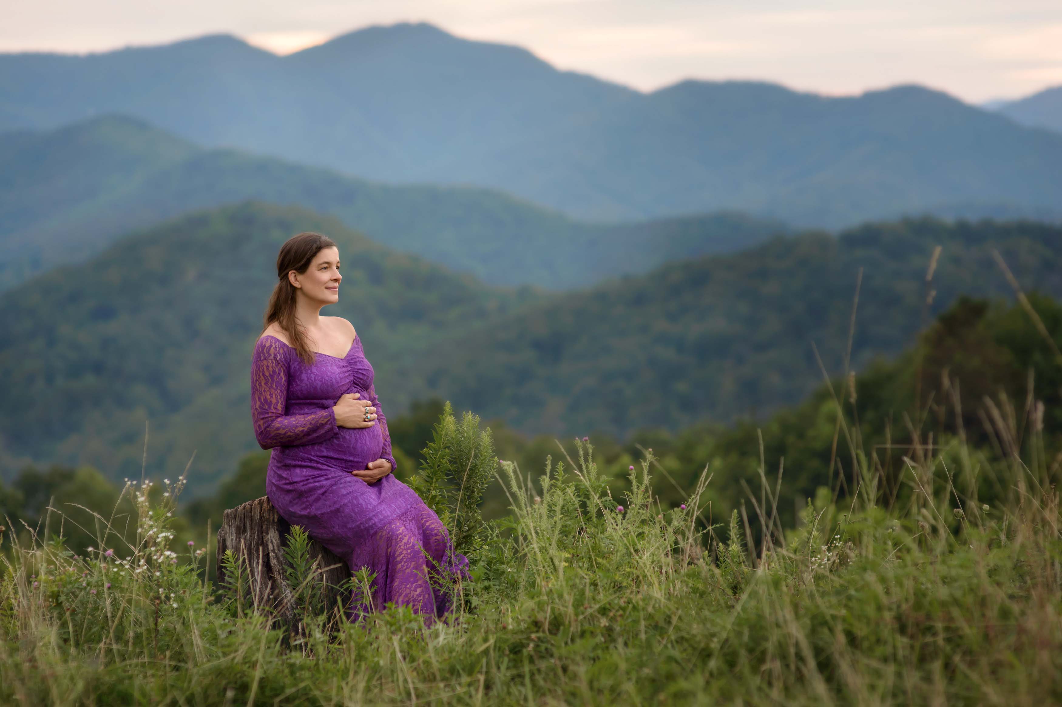 Pregnancy photo of a mom-to-be in a purple dress with mountains in the background.