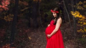 Maternity photo of a beautiful mom-to-be in a red gown at the Asheville Arboretum.