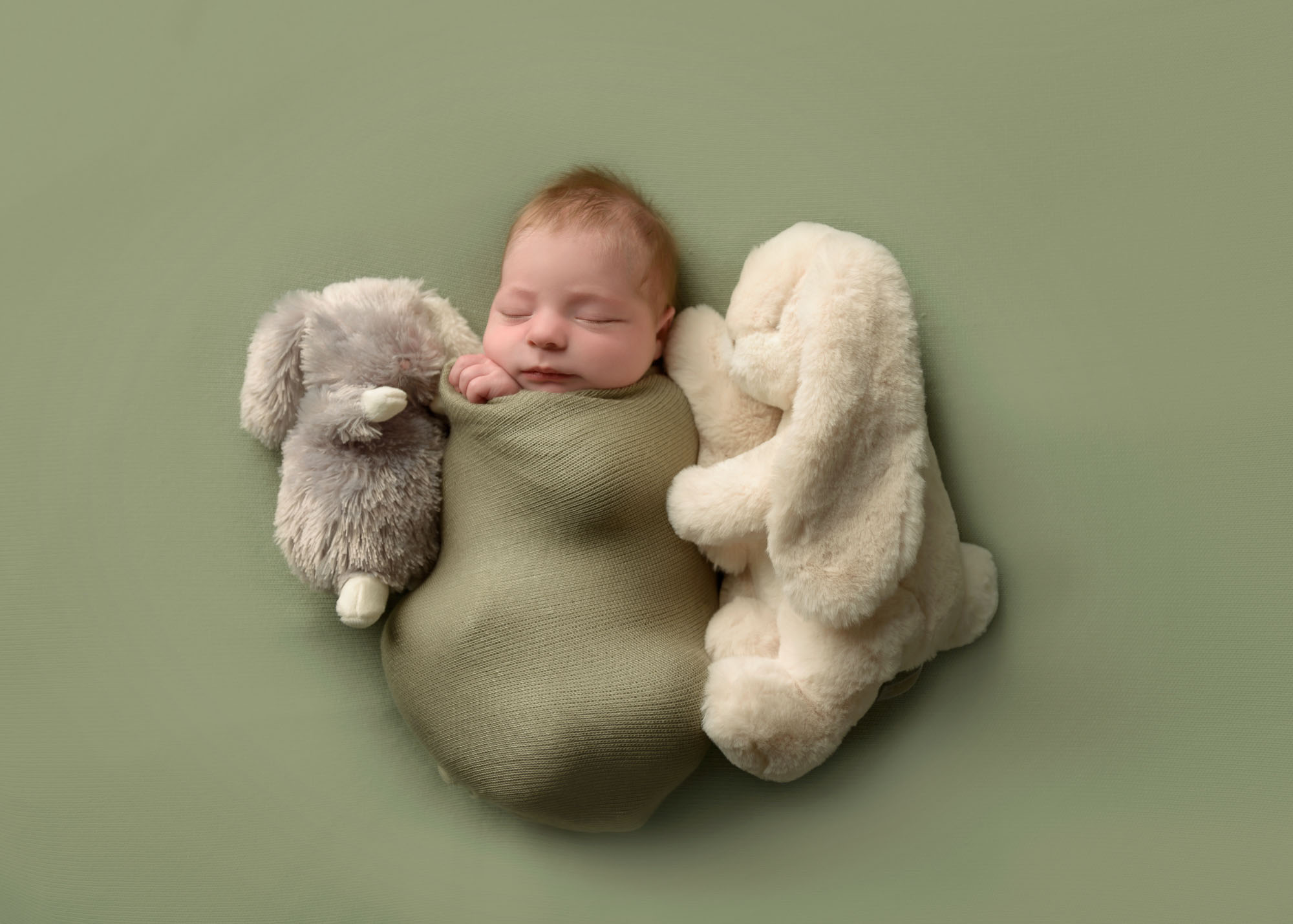 Newborn photo with stuffed animals.