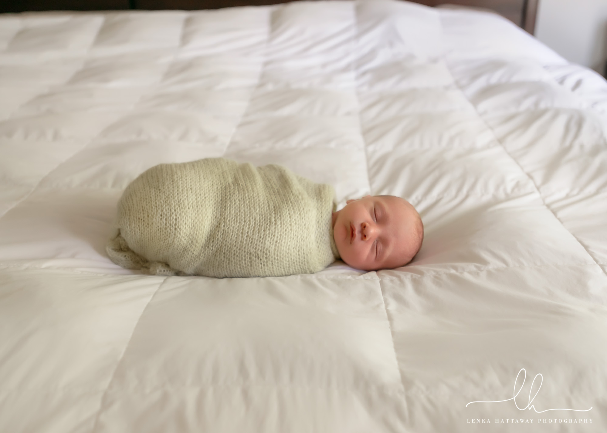 Baby photo on bed by Asheville Newborn Photographer, Lenka Hattaway.