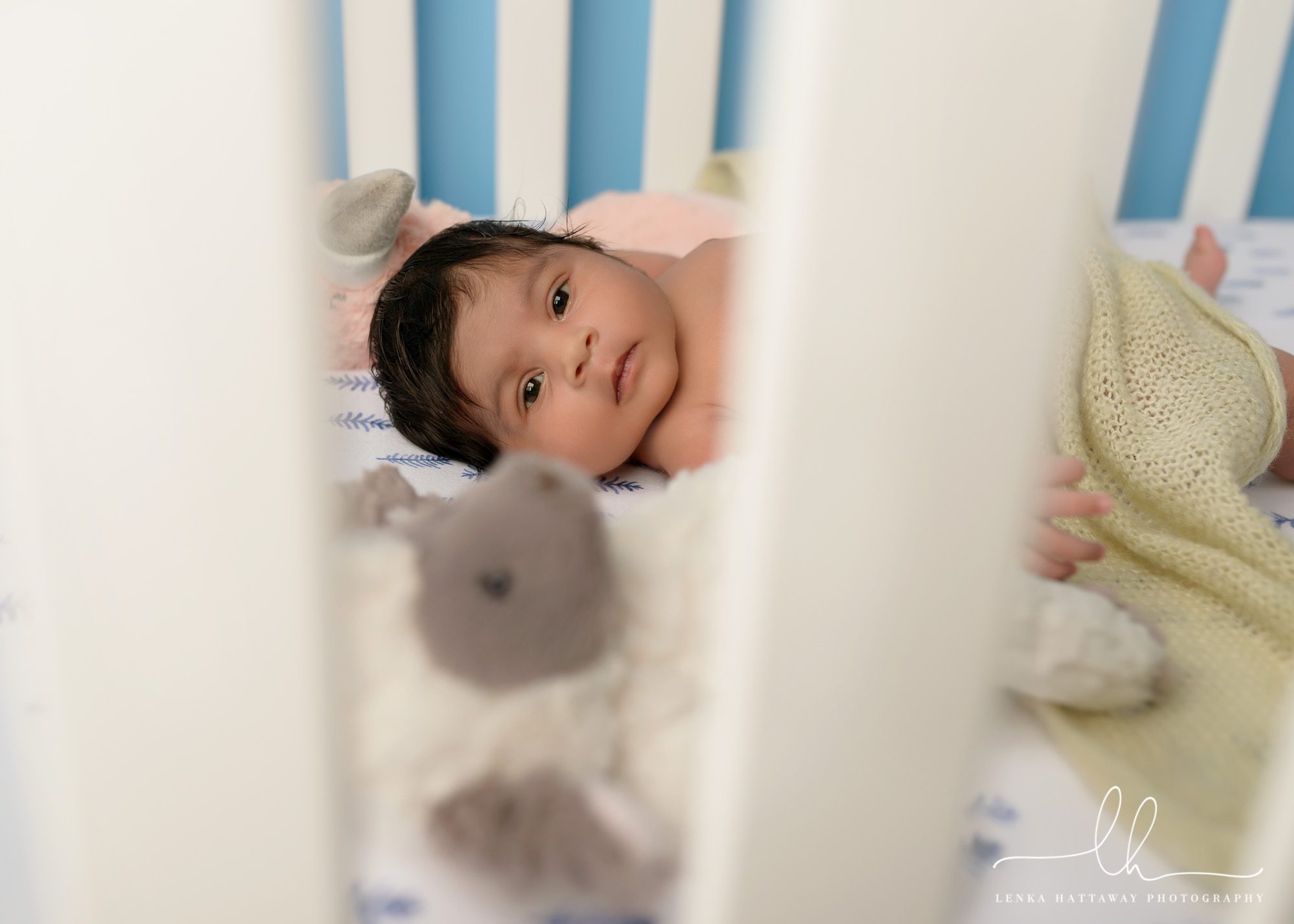 Bautiful newborn baby in a crib looking at the camera.